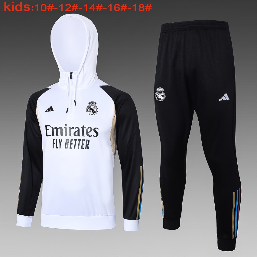 Kids Real Madrid 23/24 Hoodie Tracksuit - White/Black